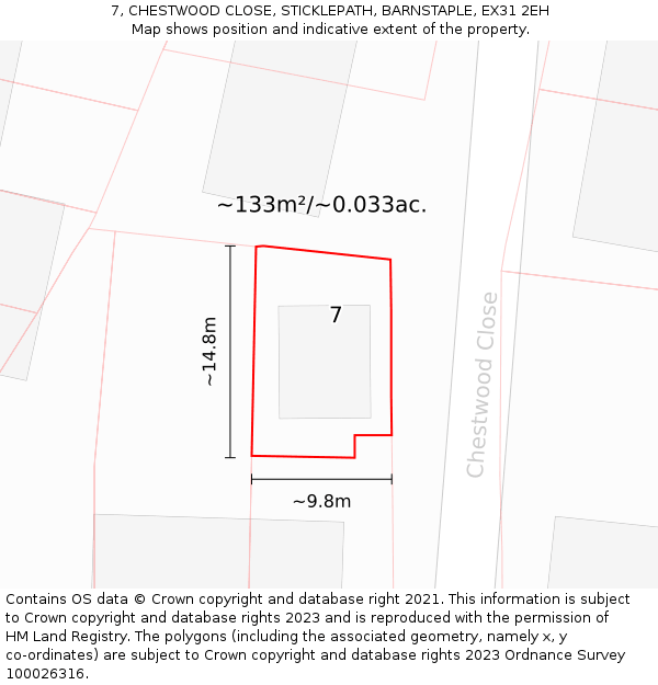 7, CHESTWOOD CLOSE, STICKLEPATH, BARNSTAPLE, EX31 2EH: Plot and title map