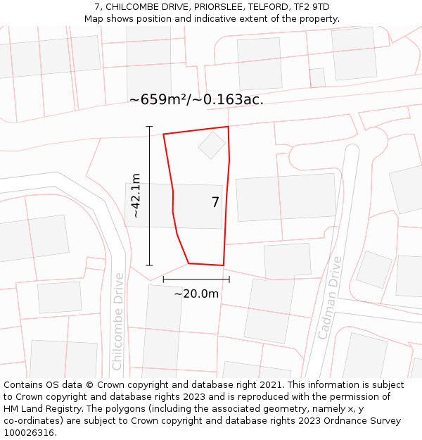 7, CHILCOMBE DRIVE, PRIORSLEE, TELFORD, TF2 9TD: Plot and title map