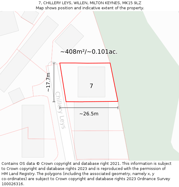 7, CHILLERY LEYS, WILLEN, MILTON KEYNES, MK15 9LZ: Plot and title map