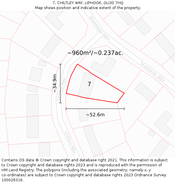 7, CHILTLEY WAY, LIPHOOK, GU30 7HQ: Plot and title map