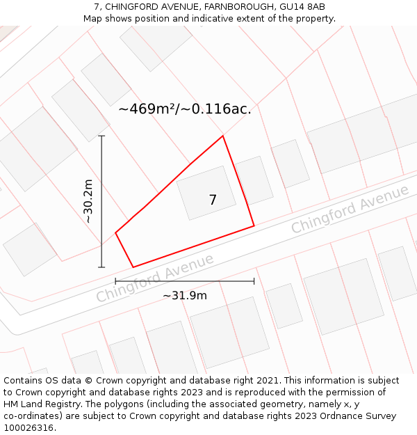 7, CHINGFORD AVENUE, FARNBOROUGH, GU14 8AB: Plot and title map