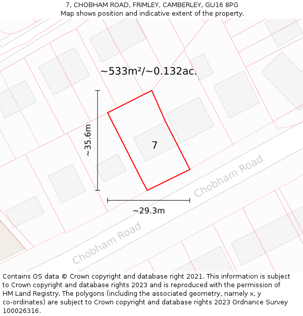 7, CHOBHAM ROAD, FRIMLEY, CAMBERLEY, GU16 8PG: Plot and title map