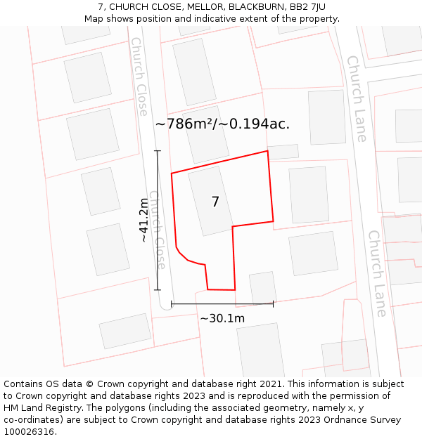 7, CHURCH CLOSE, MELLOR, BLACKBURN, BB2 7JU: Plot and title map