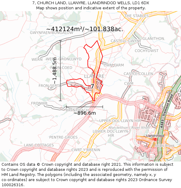 7, CHURCH LAND, LLANYRE, LLANDRINDOD WELLS, LD1 6DX: Plot and title map