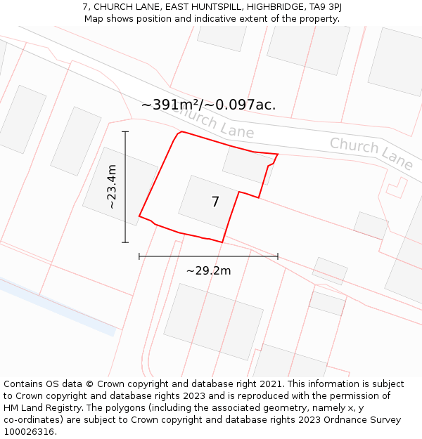 7, CHURCH LANE, EAST HUNTSPILL, HIGHBRIDGE, TA9 3PJ: Plot and title map