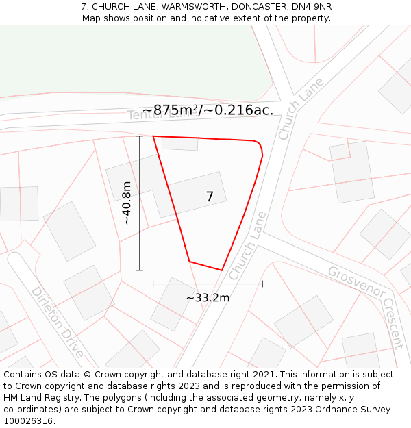 7, CHURCH LANE, WARMSWORTH, DONCASTER, DN4 9NR: Plot and title map