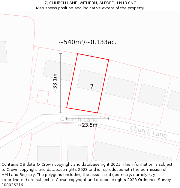 7, CHURCH LANE, WITHERN, ALFORD, LN13 0NG: Plot and title map