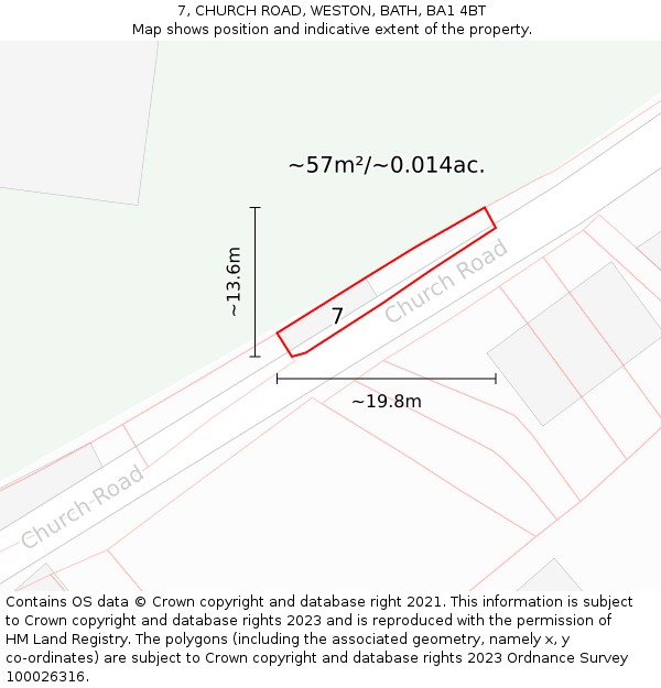 7, CHURCH ROAD, WESTON, BATH, BA1 4BT: Plot and title map