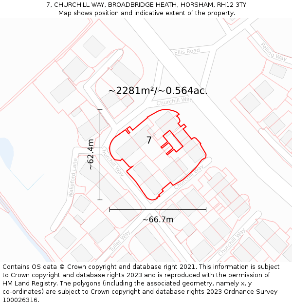 7, CHURCHILL WAY, BROADBRIDGE HEATH, HORSHAM, RH12 3TY: Plot and title map