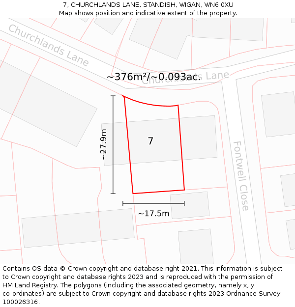 7, CHURCHLANDS LANE, STANDISH, WIGAN, WN6 0XU: Plot and title map