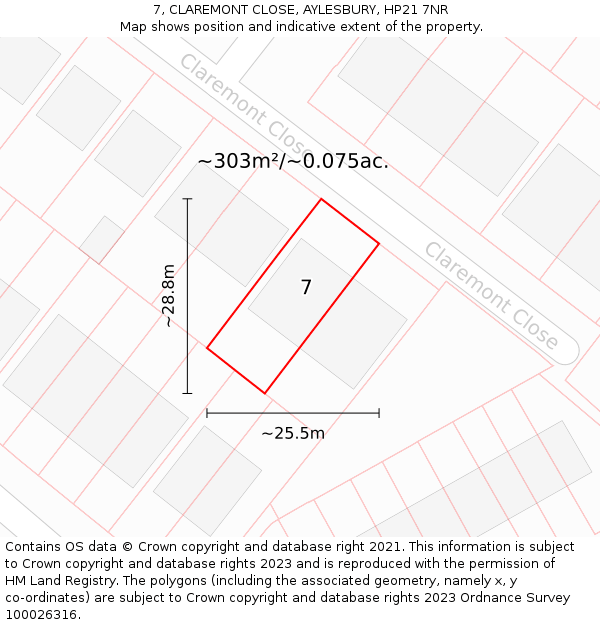 7, CLAREMONT CLOSE, AYLESBURY, HP21 7NR: Plot and title map