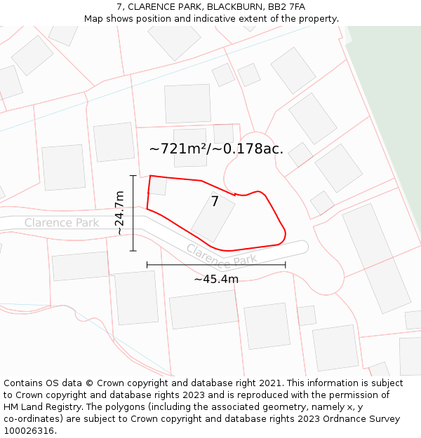 7, CLARENCE PARK, BLACKBURN, BB2 7FA: Plot and title map
