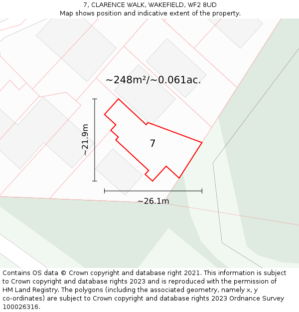 7, CLARENCE WALK, WAKEFIELD, WF2 8UD: Plot and title map