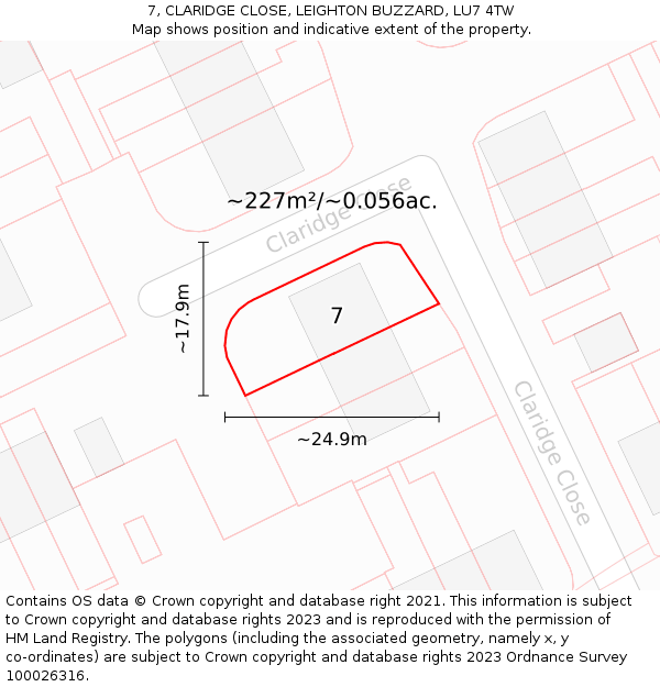 7, CLARIDGE CLOSE, LEIGHTON BUZZARD, LU7 4TW: Plot and title map