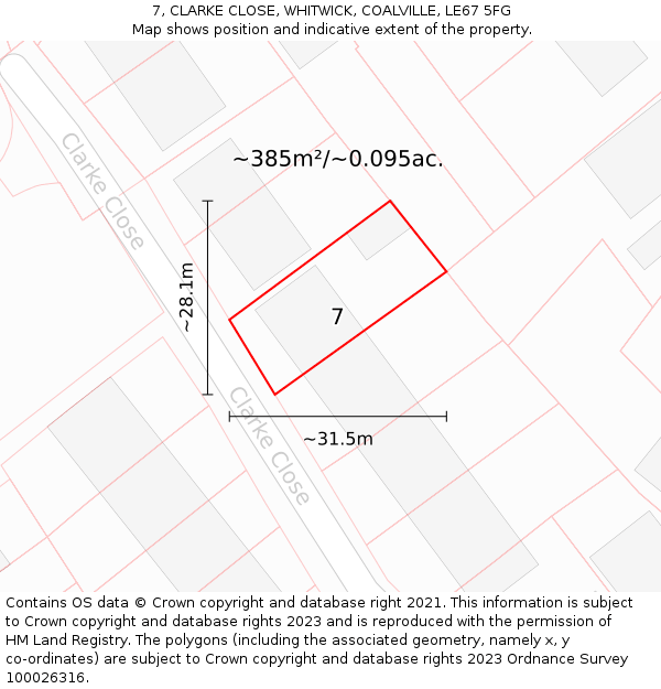 7, CLARKE CLOSE, WHITWICK, COALVILLE, LE67 5FG: Plot and title map