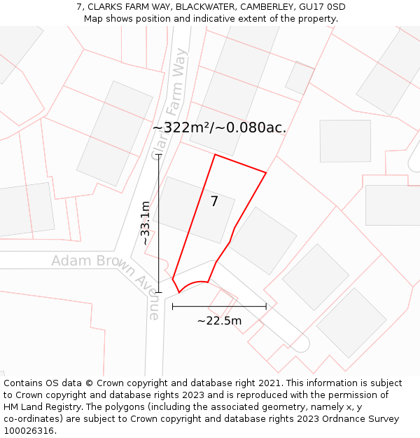 7, CLARKS FARM WAY, BLACKWATER, CAMBERLEY, GU17 0SD: Plot and title map