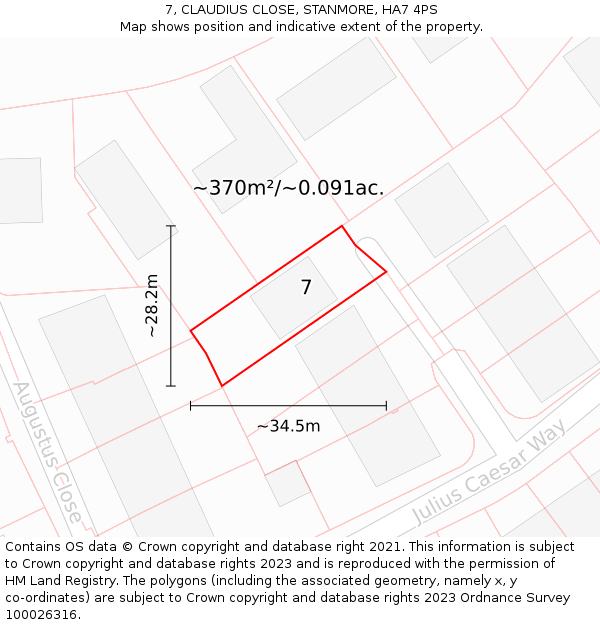7, CLAUDIUS CLOSE, STANMORE, HA7 4PS: Plot and title map