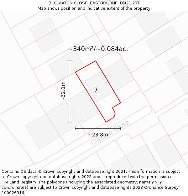7, CLAXTON CLOSE, EASTBOURNE, BN21 2RT: Plot and title map