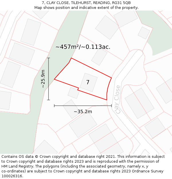 7, CLAY CLOSE, TILEHURST, READING, RG31 5QB: Plot and title map