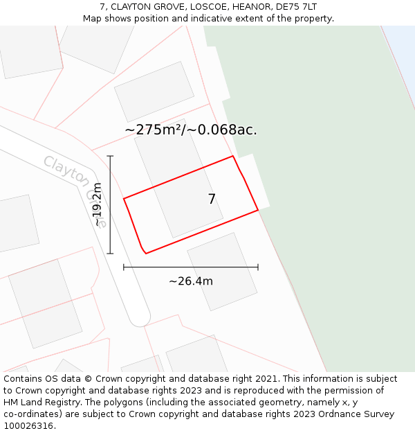 7, CLAYTON GROVE, LOSCOE, HEANOR, DE75 7LT: Plot and title map