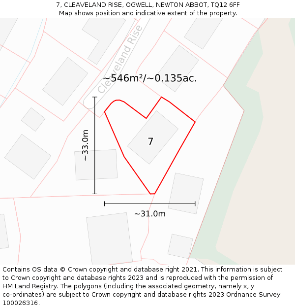 7, CLEAVELAND RISE, OGWELL, NEWTON ABBOT, TQ12 6FF: Plot and title map