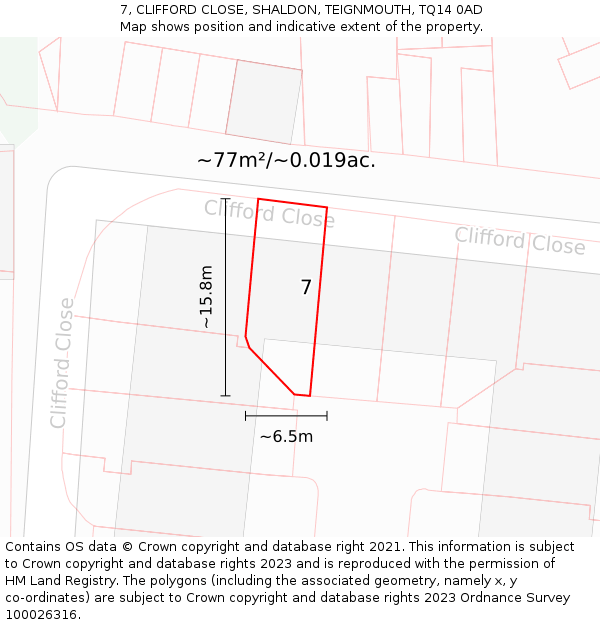 7, CLIFFORD CLOSE, SHALDON, TEIGNMOUTH, TQ14 0AD: Plot and title map