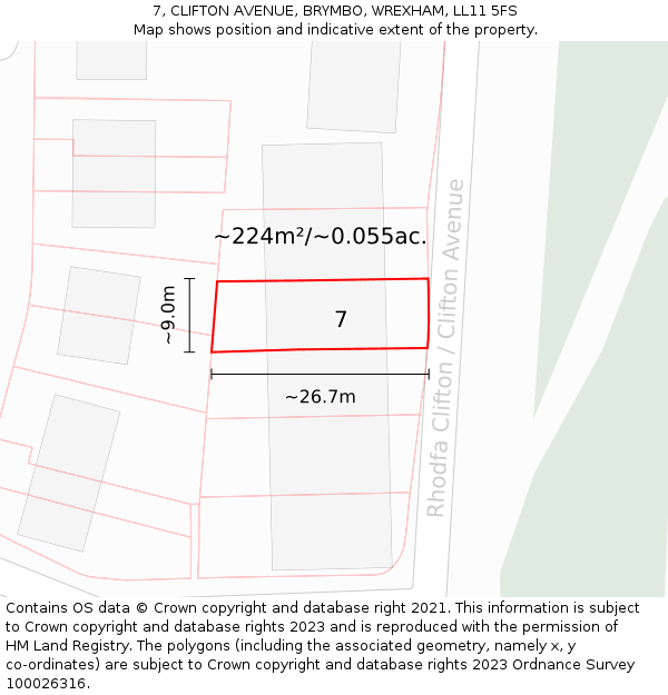 7, CLIFTON AVENUE, BRYMBO, WREXHAM, LL11 5FS: Plot and title map