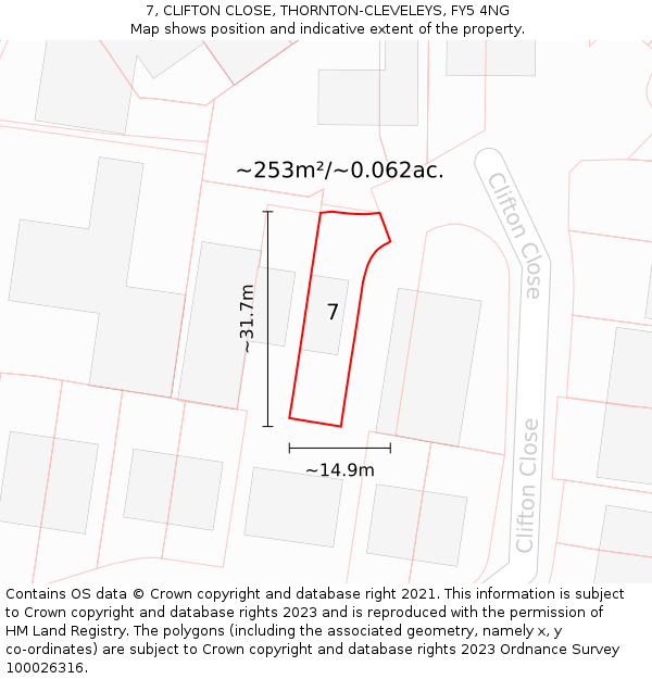 7, CLIFTON CLOSE, THORNTON-CLEVELEYS, FY5 4NG: Plot and title map