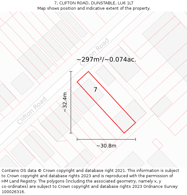 7, CLIFTON ROAD, DUNSTABLE, LU6 1LT: Plot and title map