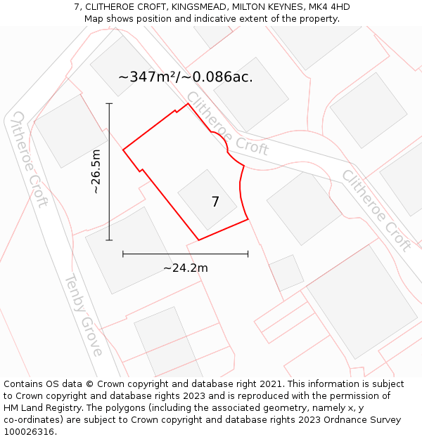 7, CLITHEROE CROFT, KINGSMEAD, MILTON KEYNES, MK4 4HD: Plot and title map
