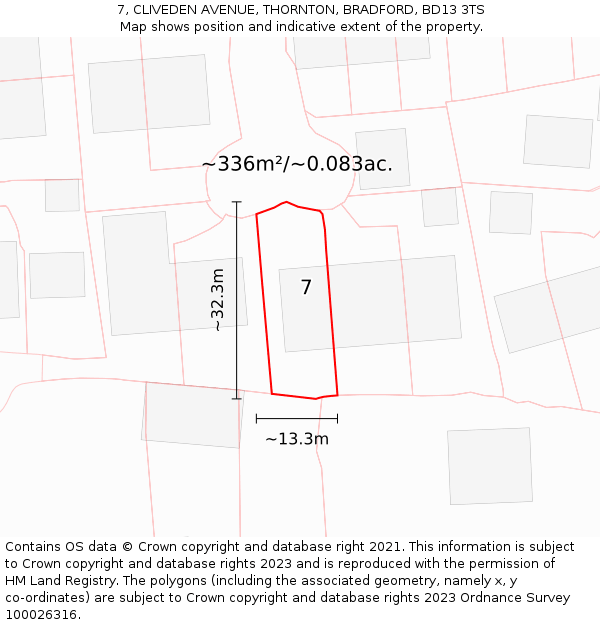 7, CLIVEDEN AVENUE, THORNTON, BRADFORD, BD13 3TS: Plot and title map