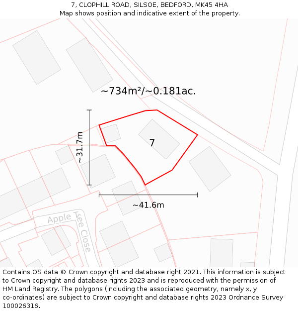 7, CLOPHILL ROAD, SILSOE, BEDFORD, MK45 4HA: Plot and title map
