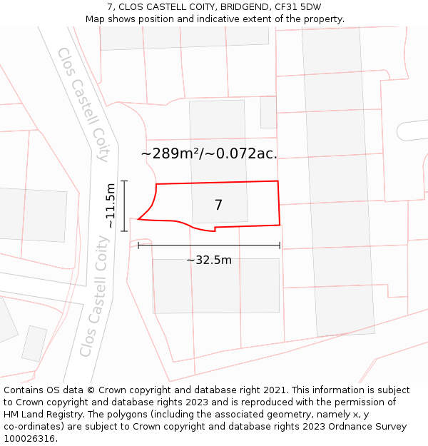 7, CLOS CASTELL COITY, BRIDGEND, CF31 5DW: Plot and title map