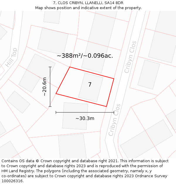 7, CLOS CRIBYN, LLANELLI, SA14 8DR: Plot and title map