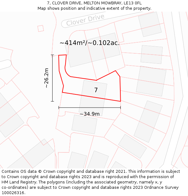 7, CLOVER DRIVE, MELTON MOWBRAY, LE13 0FL: Plot and title map