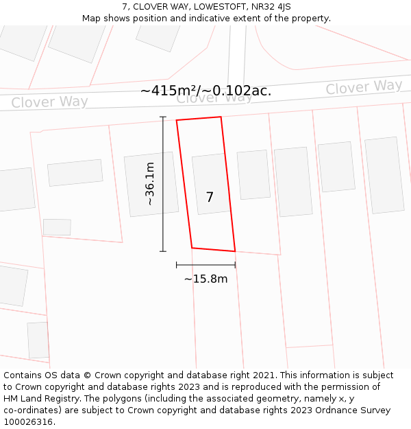 7, CLOVER WAY, LOWESTOFT, NR32 4JS: Plot and title map