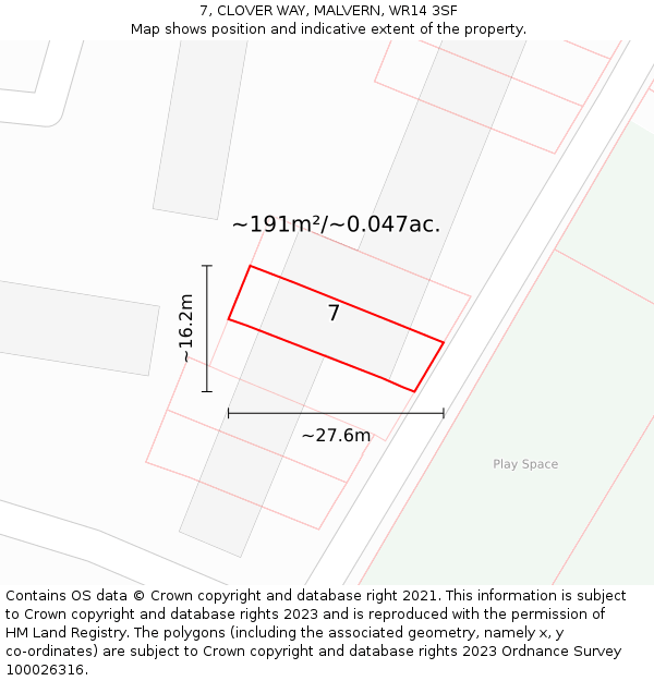 7, CLOVER WAY, MALVERN, WR14 3SF: Plot and title map