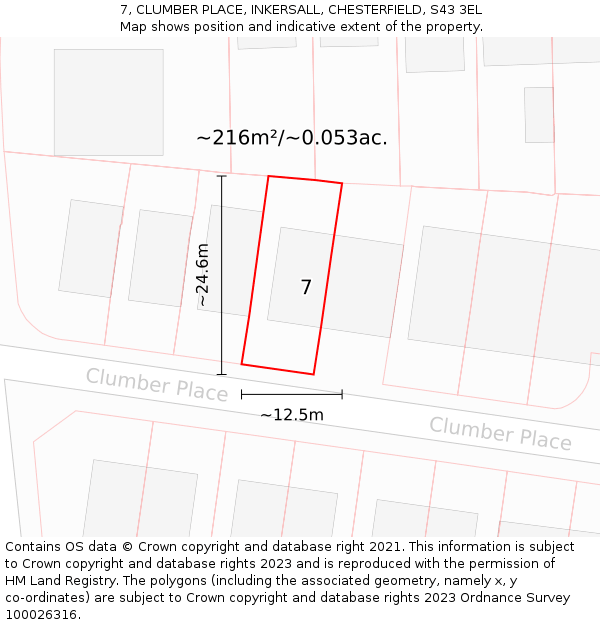 7, CLUMBER PLACE, INKERSALL, CHESTERFIELD, S43 3EL: Plot and title map