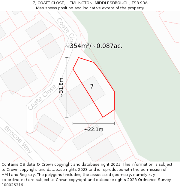 7, COATE CLOSE, HEMLINGTON, MIDDLESBROUGH, TS8 9RA: Plot and title map
