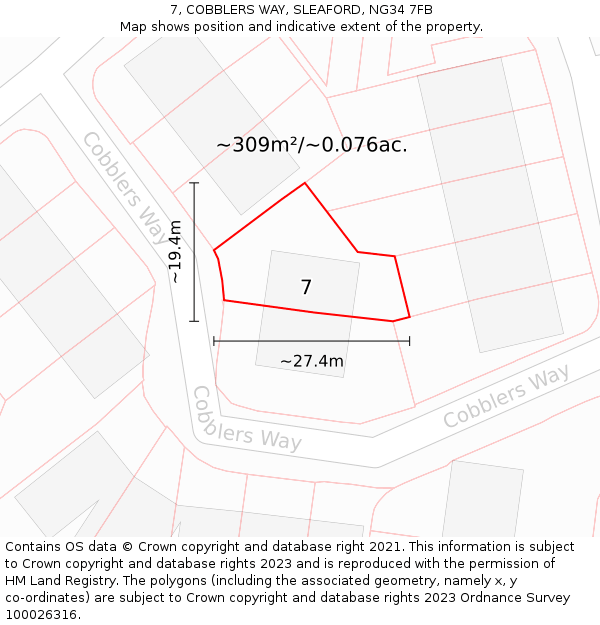 7, COBBLERS WAY, SLEAFORD, NG34 7FB: Plot and title map
