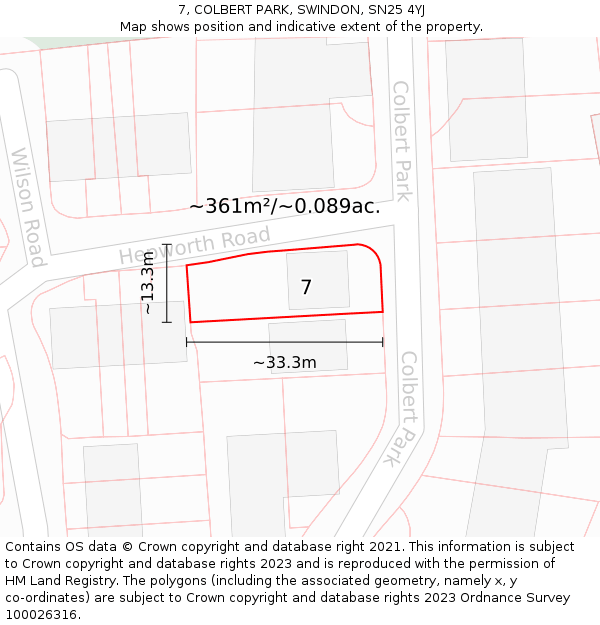 7, COLBERT PARK, SWINDON, SN25 4YJ: Plot and title map
