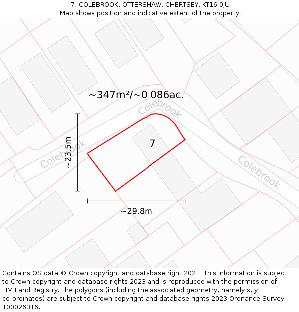 7, COLEBROOK, OTTERSHAW, CHERTSEY, KT16 0JU: Plot and title map