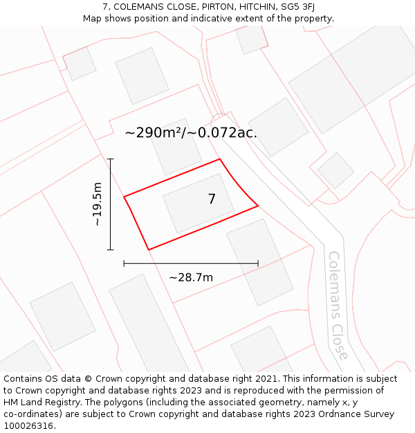 7, COLEMANS CLOSE, PIRTON, HITCHIN, SG5 3FJ: Plot and title map