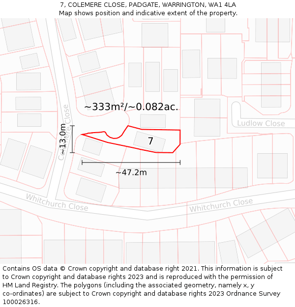 7, COLEMERE CLOSE, PADGATE, WARRINGTON, WA1 4LA: Plot and title map