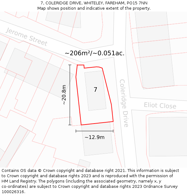 7, COLERIDGE DRIVE, WHITELEY, FAREHAM, PO15 7NN: Plot and title map