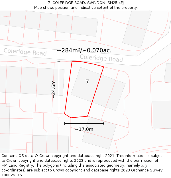 7, COLERIDGE ROAD, SWINDON, SN25 4FJ: Plot and title map