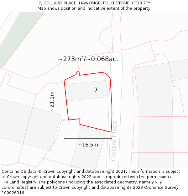 7, COLLARD PLACE, HAWKINGE, FOLKESTONE, CT18 7TY: Plot and title map