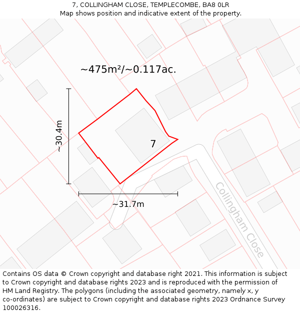 7, COLLINGHAM CLOSE, TEMPLECOMBE, BA8 0LR: Plot and title map
