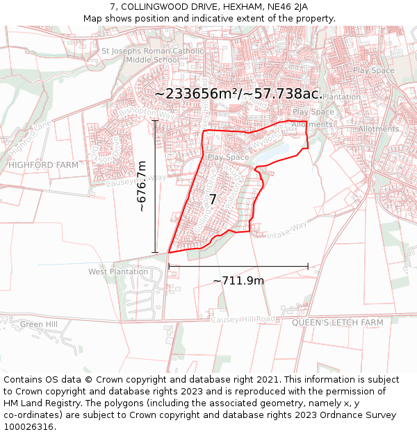 7, COLLINGWOOD DRIVE, HEXHAM, NE46 2JA: Plot and title map