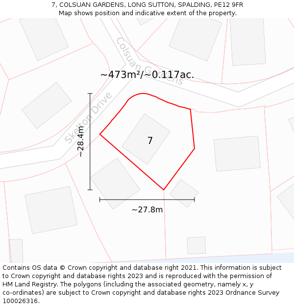 7, COLSUAN GARDENS, LONG SUTTON, SPALDING, PE12 9FR: Plot and title map